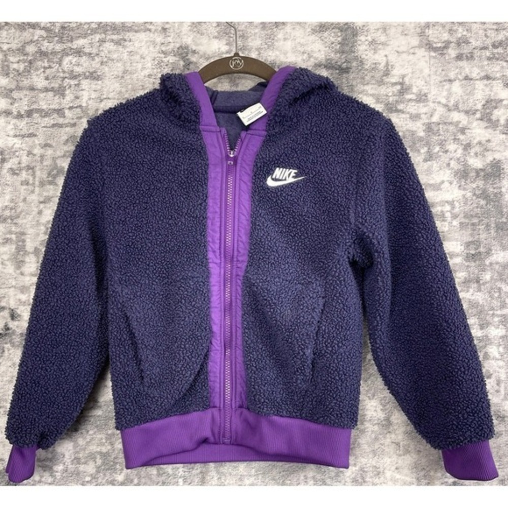 Nike Sherpa Fleece Jacket Child Small Purple Full Zip Hoodie‎ Warm Winter Coat